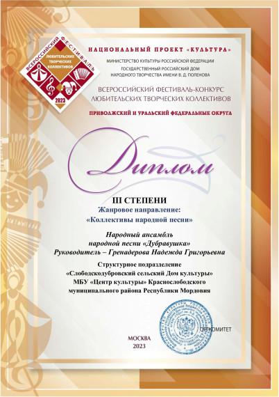 Поздравляем  ансамбль народной песни «Дубравушка».